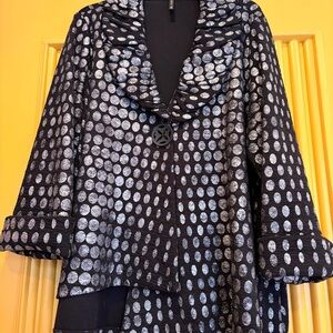 Asymmetrical Flattering One Button Black and Silver Polka Dot Blazer